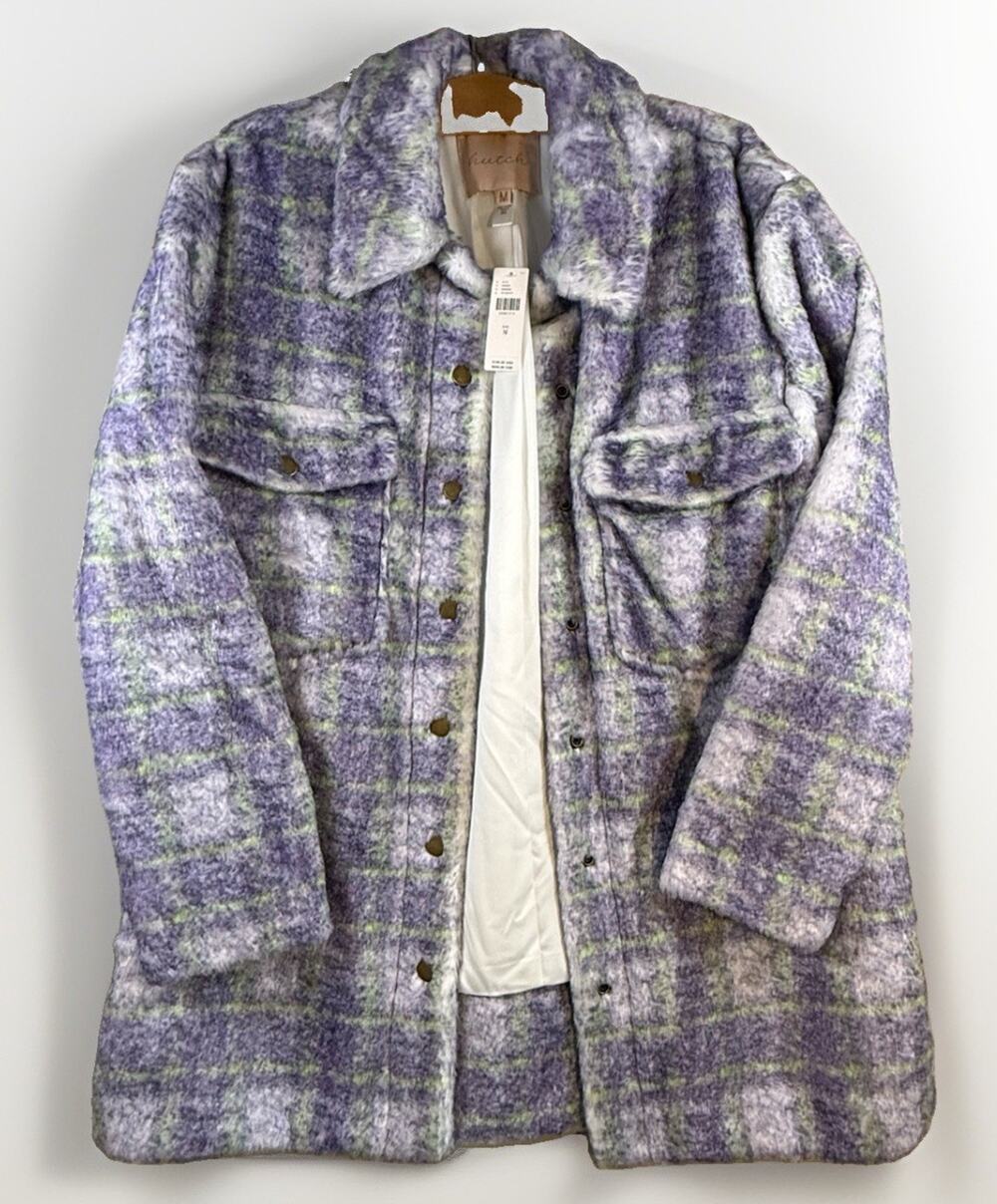 Anthropologie Hutch Plaid Fuzzy Coat Shacket Lavender Green NWT M $198 Preppy